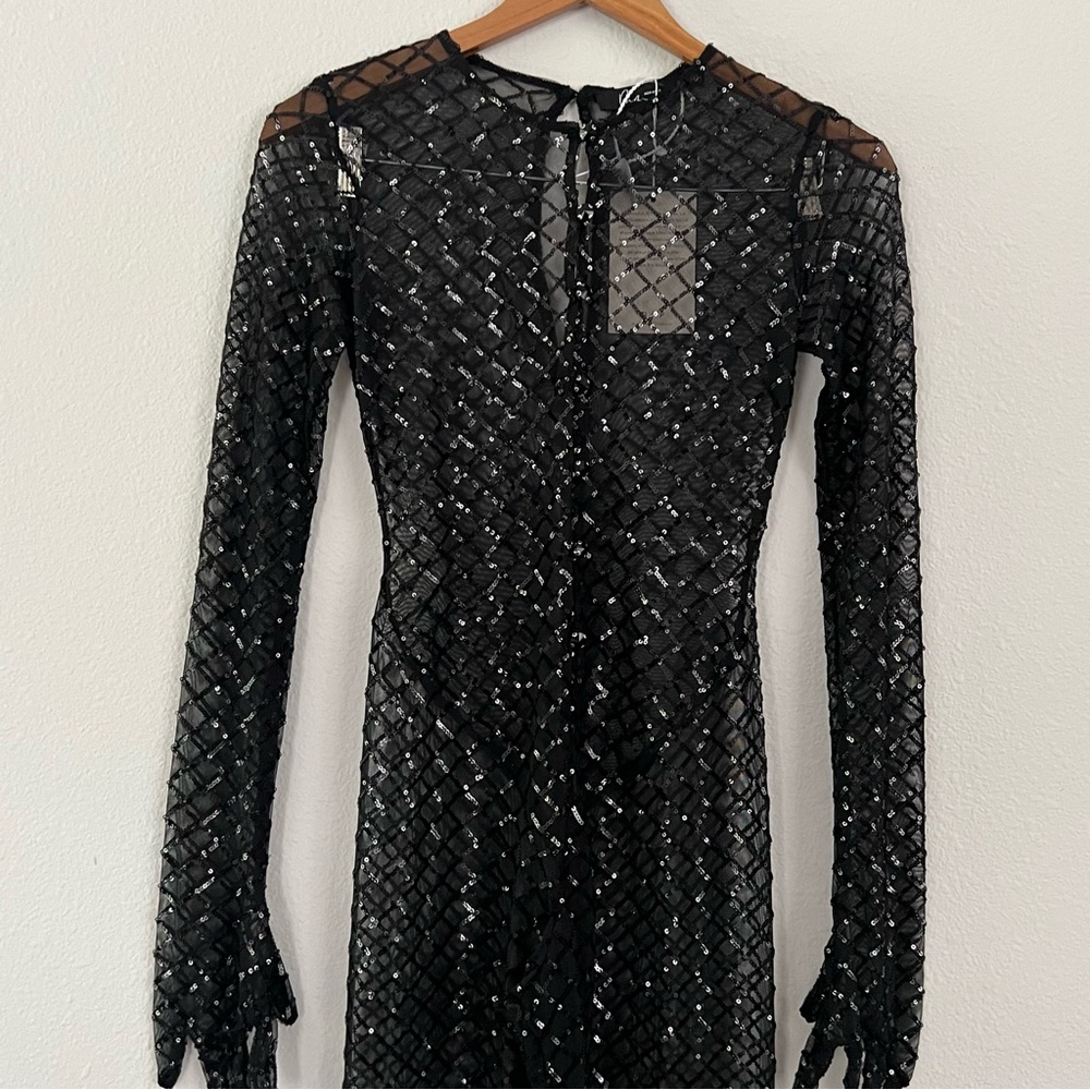 Mew Mews Statement Dress Black Sequins Sheer Jumpsuit With Gloves Size SMALL NWT - Picture 2 of 16